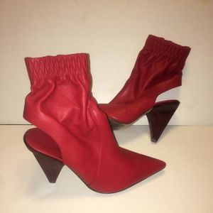 Red leather bootie with peek-a-boo heel